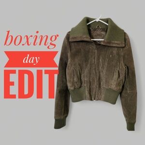 BOXING DAY EDIT Genuine Suede Leather Bomber Jacket In Olive Large